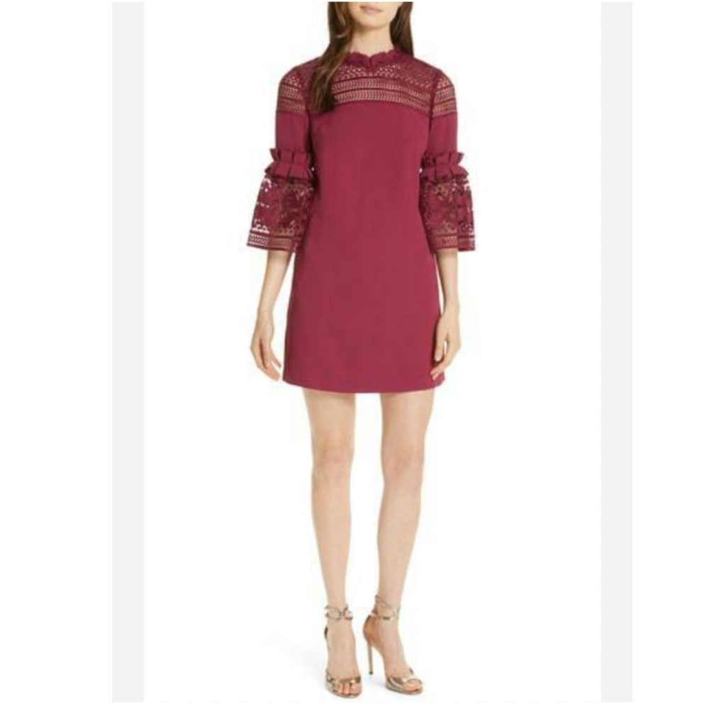 TED BAKER Lucila Maroon Lace Panel Bell Sleeve Tunic Dress